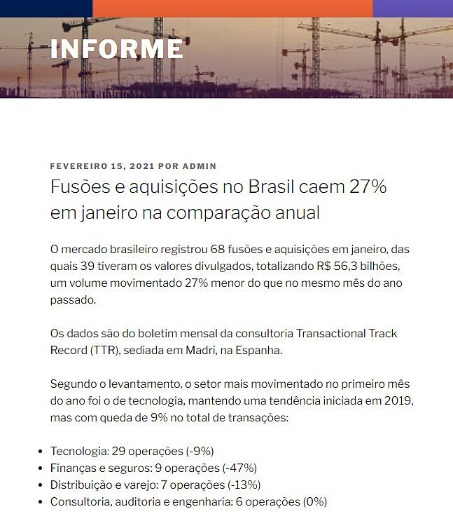 Fuses e aquisies no Brasil caem 27% em janeiro na comparao anual